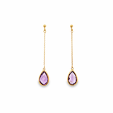 9ct yellow gold earrings featuring pear-shaped faceted amethyst drops suspended from fine trace chains.