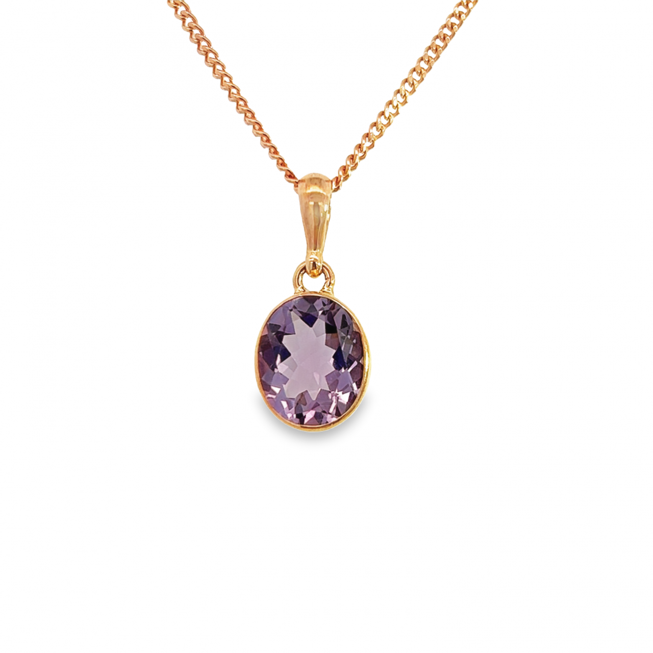 9ct rose gold pendant featuring a 12x10mm oval-cut amethyst in a bezel setting with an elegant pendant runner.