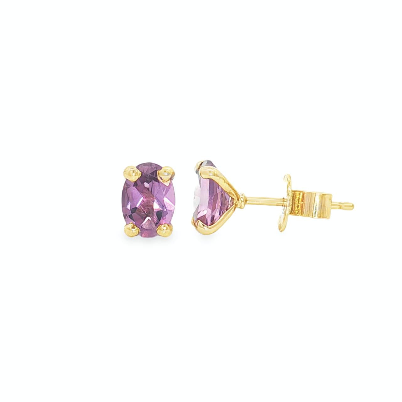 9ct yellow gold amethyst stud earrings with oval cut purple gemstones in four claw settings
