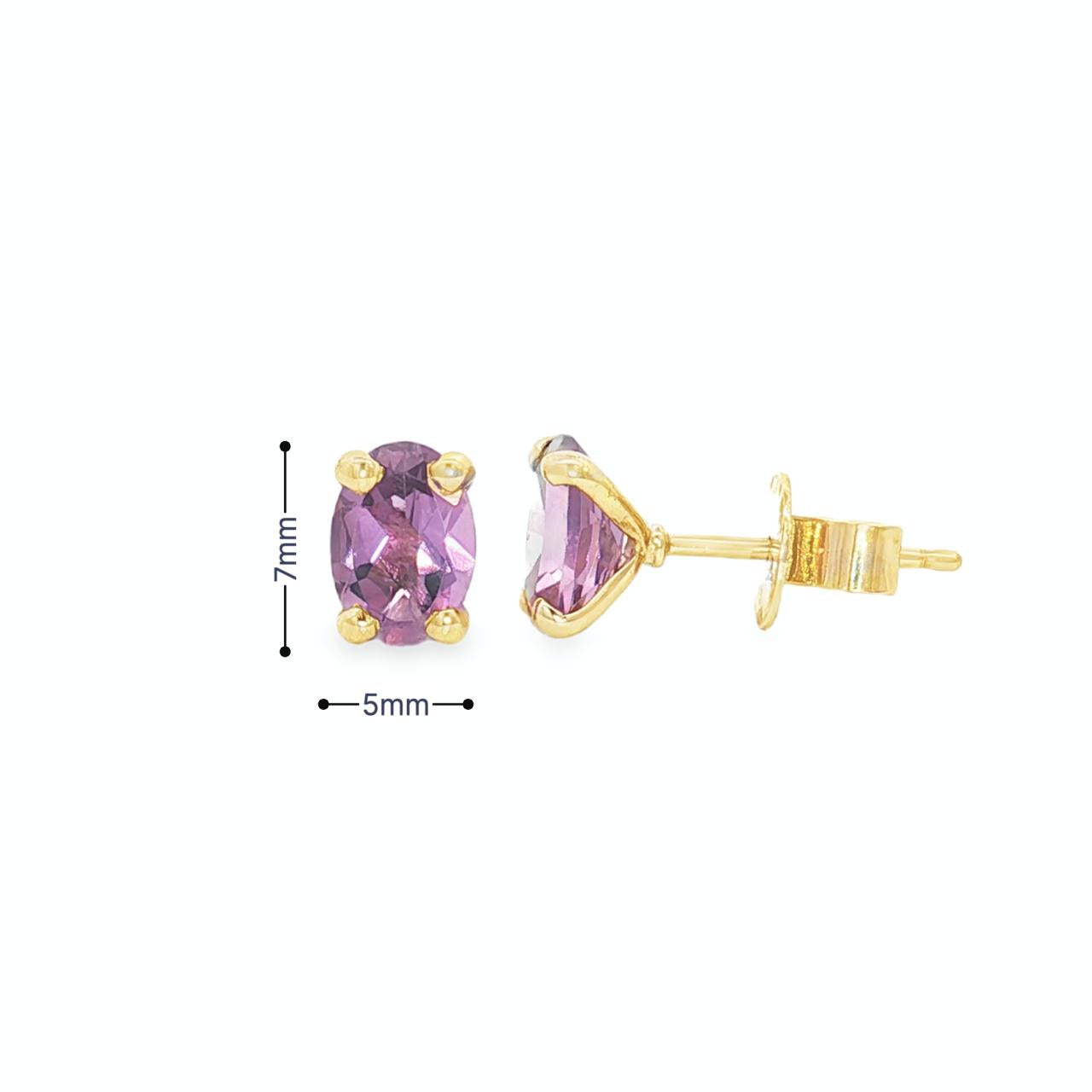 9ct yellow gold amethyst stud earrings with oval cut purple gemstones in four claw settings
