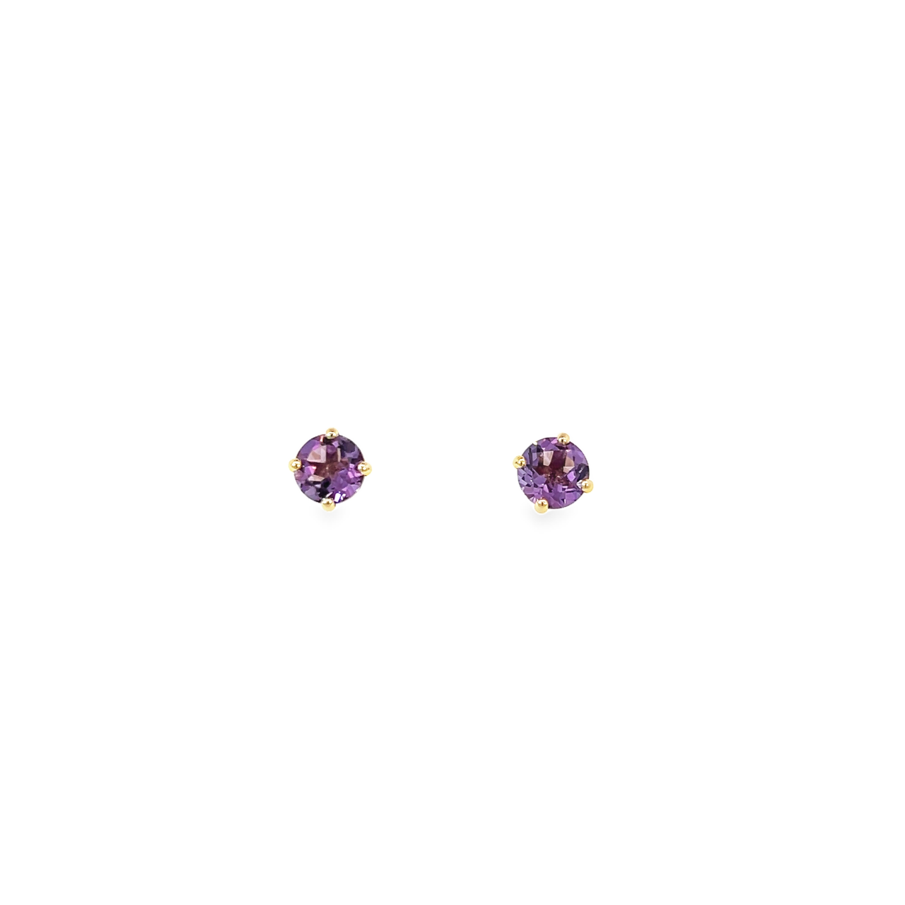 9ct yellow gold stud earrings featuring 8.20mm round-cut amethysts in four-claw settings with post and butterfly fittings.