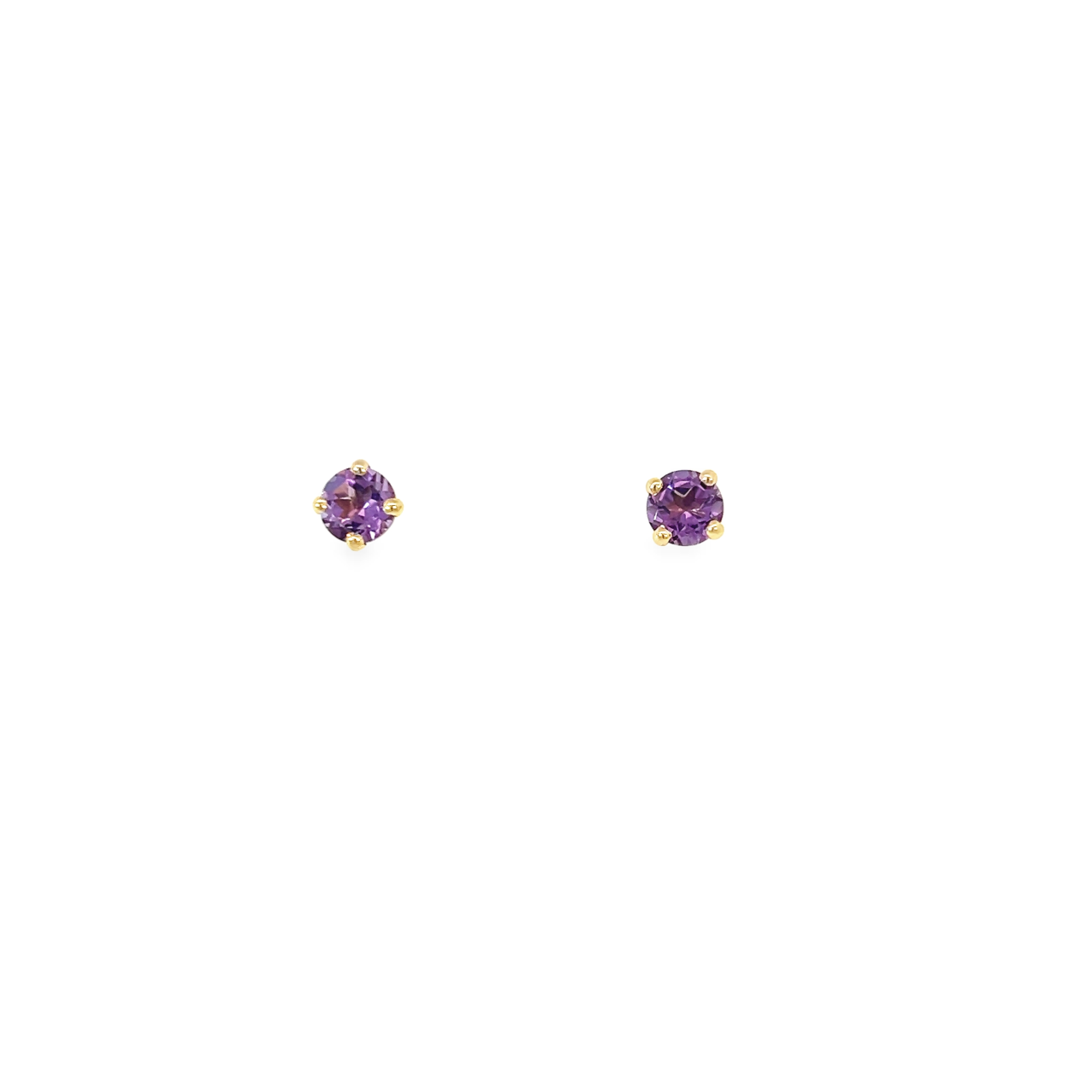 9ct yellow gold stud earrings featuring 6mm round-cut amethysts in four-claw settings with post and butterfly fittings.