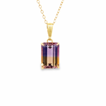 9ct yellow gold pendant featuring a 14x10mm emerald-cut ametrine in a four-claw open-back setting with post and bezel collet and articulated tapered pendant runner.