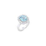 18ct white gold aquamarine and diamond ring featuring a 2.56ct cushion cut aquamarine surrounded by twelve round brilliant cut diamonds.