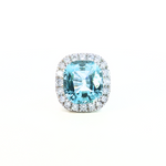18ct white gold aquamarine and diamond ring featuring a 15.77ct cushion cut aquamarine surrounded by a cushion-shaped diamond halo.