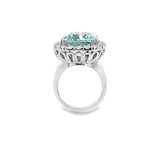18ct white gold aquamarine and diamond ring featuring a 15.77ct cushion cut aquamarine surrounded by a cushion-shaped diamond halo.