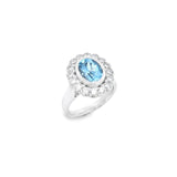 Platinum aquamarine and diamond halo ring featuring a 1.67ct oval aquamarine in a bezel setting with scalloped diamond surround and upswept shoulders, size N (resizeable).