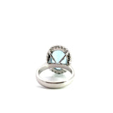 18ct white gold aquamarine and diamond halo ring featuring a 5.38ct oval aquamarine with 24 round brilliant cut diamonds, size N (resizeable).