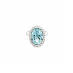18ct white gold aquamarine and diamond halo ring featuring a 5.38ct oval aquamarine with 24 round brilliant cut diamonds, size N (resizeable).