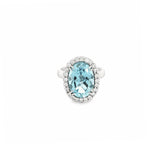 18ct white gold aquamarine and diamond halo ring featuring a 5.38ct oval aquamarine with 24 round brilliant cut diamonds, size N (resizeable).