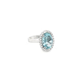 18ct white gold aquamarine and diamond halo ring featuring a 5.38ct oval aquamarine with 24 round brilliant cut diamonds, size N (resizeable).