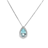 18ct white gold pendant featuring a 3.14ct pear-cut aquamarine in a three-claw setting with a graduated diamond halo surround and concealed pendant runner.