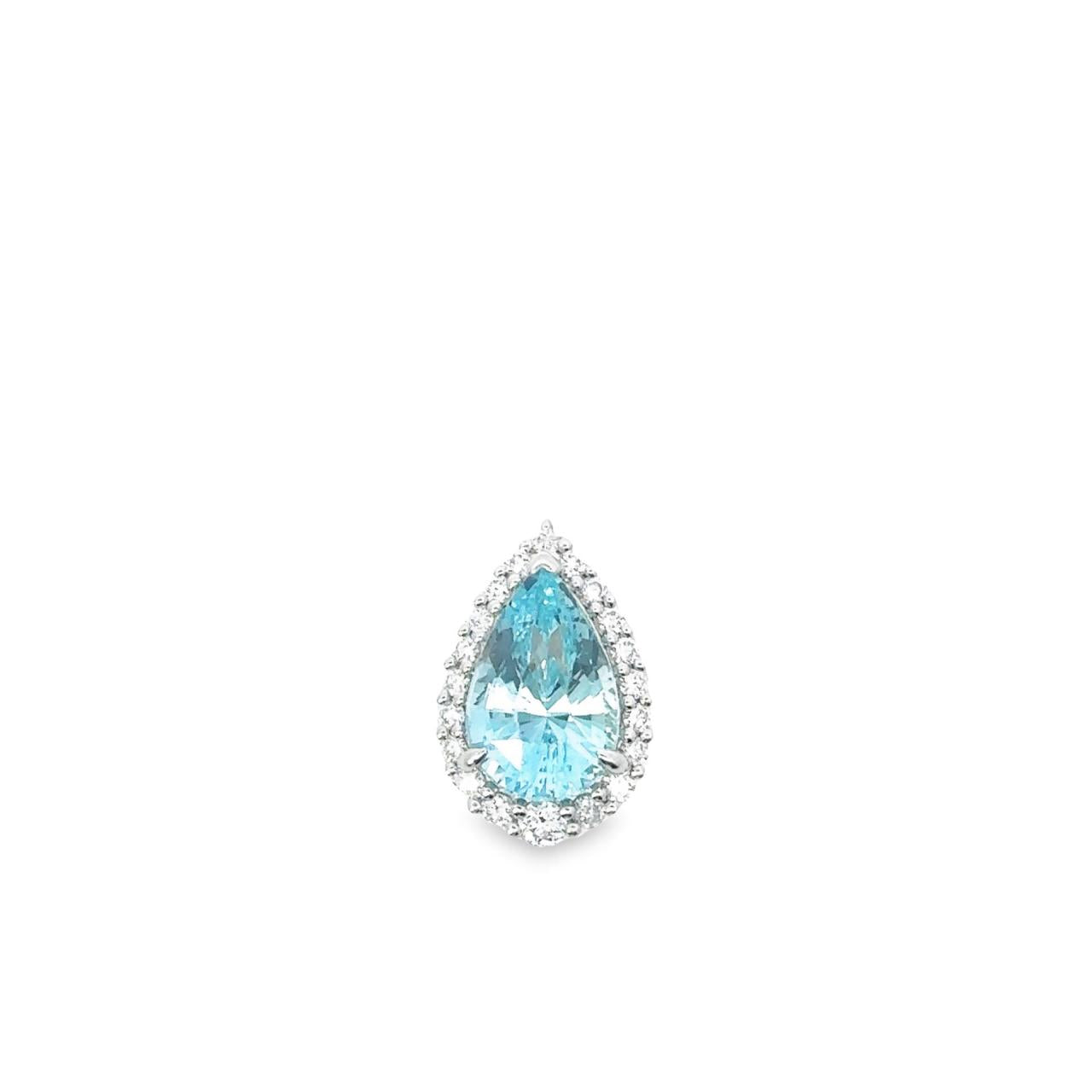 18ct white gold pendant featuring a 3.14ct pear-cut aquamarine in a three-claw setting with a graduated diamond halo surround and concealed pendant runner.