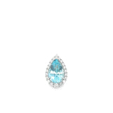 18ct white gold pendant featuring a 3.14ct pear-cut aquamarine in a three-claw setting with a graduated diamond halo surround and concealed pendant runner.