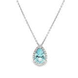 18ct white gold pendant featuring a 3.14ct pear-cut aquamarine in a three-claw setting with a graduated diamond halo surround and concealed pendant runner.