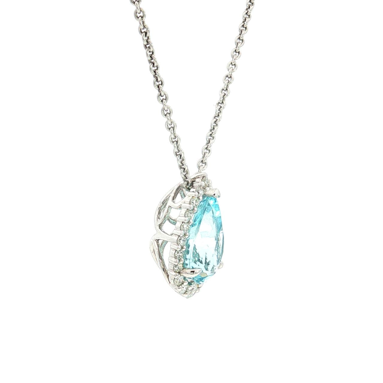 18ct white gold pendant featuring a 3.14ct pear-cut aquamarine in a three-claw setting with a graduated diamond halo surround and concealed pendant runner.