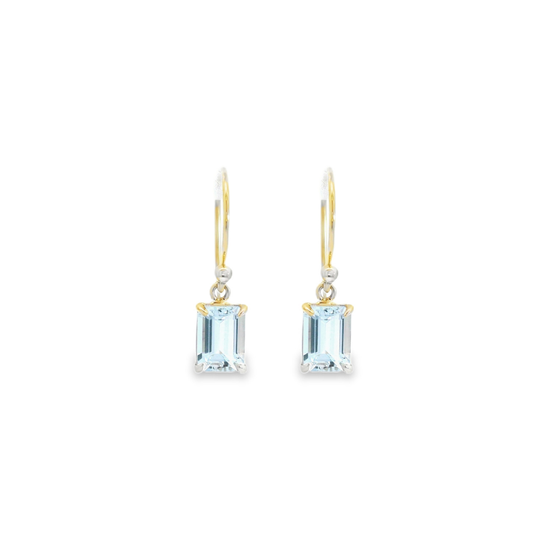 9ct yellow gold drop earrings featuring 7x5mm emerald-cut aquamarines in four-claw settings with hook fittings.