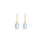 9ct yellow gold drop earrings featuring 7x5mm emerald-cut aquamarines in four-claw settings with hook fittings.