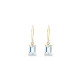 9ct yellow gold drop earrings featuring 7x5mm emerald-cut aquamarines in four-claw settings with hook fittings.