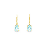 9ct yellow gold drop earrings featuring 8x6mm oval-cut aquamarines in four-claw settings with hook fittings.