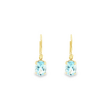 9ct yellow gold drop earrings featuring 8x6mm oval-cut aquamarines in four-claw settings with hook fittings.