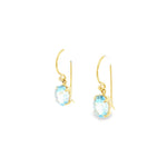 9ct yellow gold drop earrings featuring 8x6mm oval-cut aquamarines in four-claw settings with hook fittings.