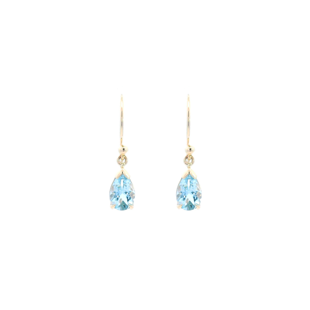 9ct yellow gold drop earrings featuring 8x5mm pear-cut aquamarines in v-cap and claw settings with hook fittings.