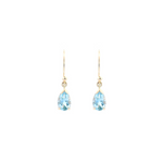 9ct yellow gold drop earrings featuring 8x5mm pear-cut aquamarines in v-cap and claw settings with hook fittings.