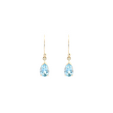 9ct yellow gold drop earrings featuring 8x5mm pear-cut aquamarines in v-cap and claw settings with hook fittings.