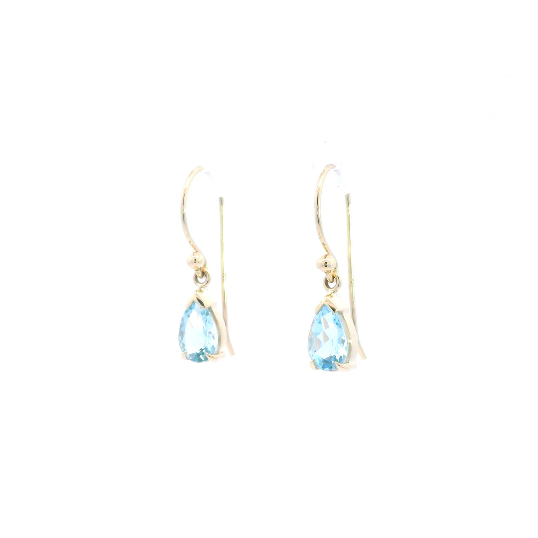 9ct yellow gold drop earrings featuring 8x5mm pear-cut aquamarines in v-cap and claw settings with hook fittings.