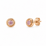 18ct rose gold Argyle pink diamond stud earrings featuring round brilliant cut pink diamonds in bezel settings with concentric circular surrounds.