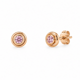 18ct rose gold Argyle pink diamond stud earrings featuring round brilliant cut pink diamonds in bezel settings with concentric circular surrounds.