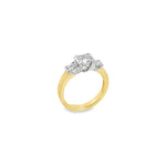 18ct yellow and white gold three stone ring featuring a 1.26ct Asscher cut centre diamond with semi-bezel settings and two side diamonds totalling 0.53ct.