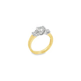 18ct yellow and white gold three stone ring featuring a 1.26ct Asscher cut centre diamond with semi-bezel settings and two side diamonds totalling 0.53ct.