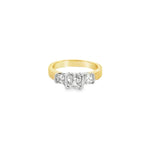 18ct yellow and white gold three stone ring featuring a 1.26ct Asscher cut centre diamond with semi-bezel settings and two side diamonds totalling 0.53ct.