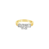 18ct yellow and white gold three stone ring featuring a 1.26ct Asscher cut centre diamond with semi-bezel settings and two side diamonds totalling 0.53ct.