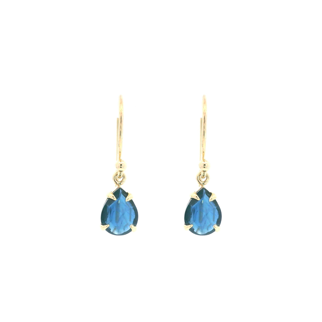 9ct yellow gold drop earrings featuring 8x6mm pear-cut Australian blue sapphires in four-claw settings with hook fittings.