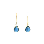 9ct yellow gold drop earrings featuring 8x6mm pear-cut Australian blue sapphires in four-claw settings with hook fittings.