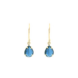9ct yellow gold drop earrings featuring 8x6mm pear-cut Australian blue sapphires in four-claw settings with hook fittings.