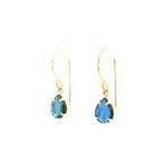 9ct yellow gold drop earrings featuring 8x6mm pear-cut Australian blue sapphires in four-claw settings with hook fittings.