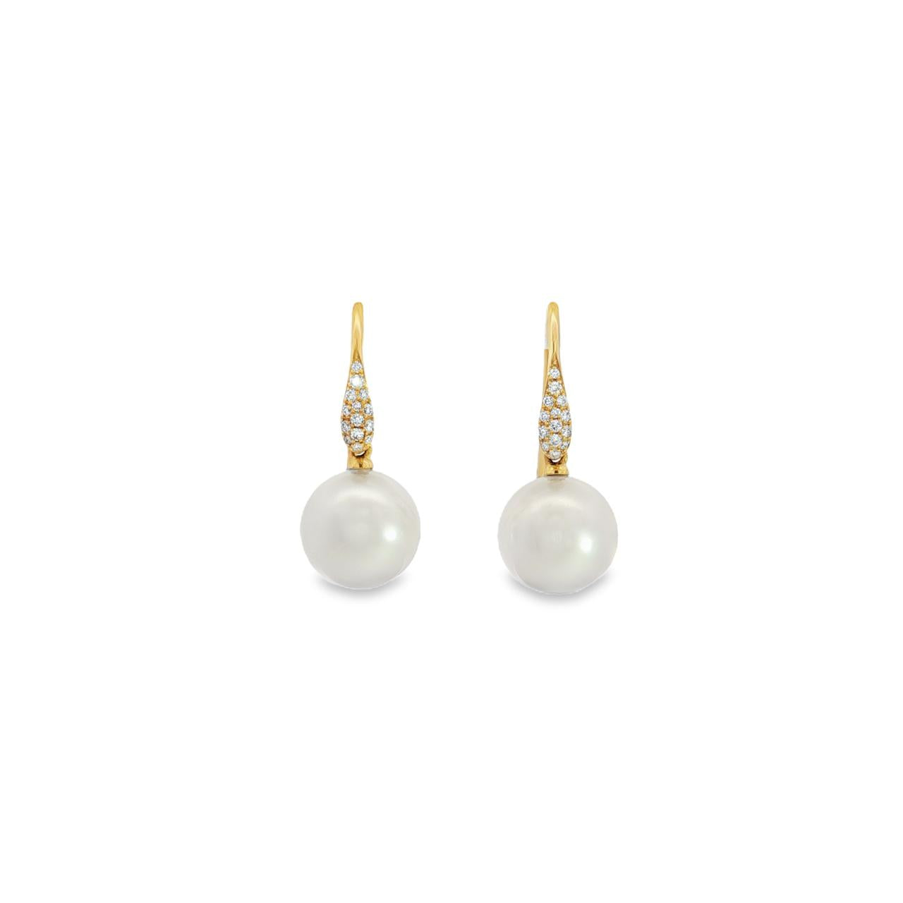 Autore 18ct yellow gold South Sea pearl and diamond earrings with 10mm white pearls and pavé diamond hooks