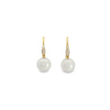Autore 18ct yellow gold South Sea pearl and diamond earrings with 10mm white pearls and pavé diamond hooks