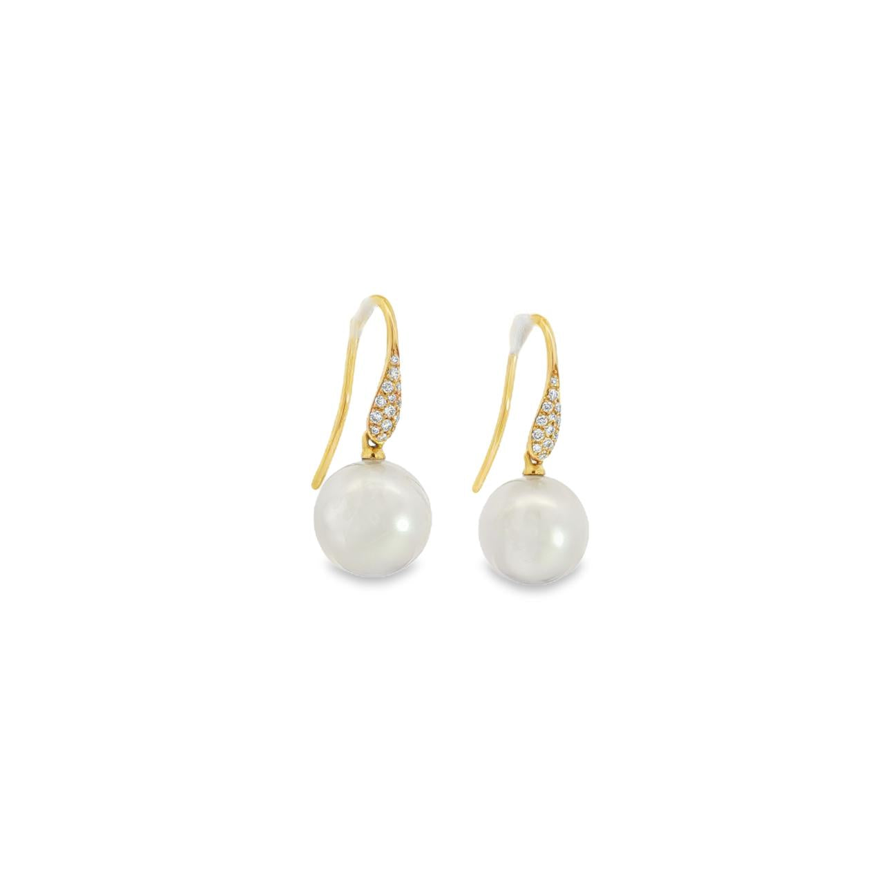 Autore 18ct yellow gold South Sea pearl and diamond earrings with 10mm white pearls and pavé diamond hooks