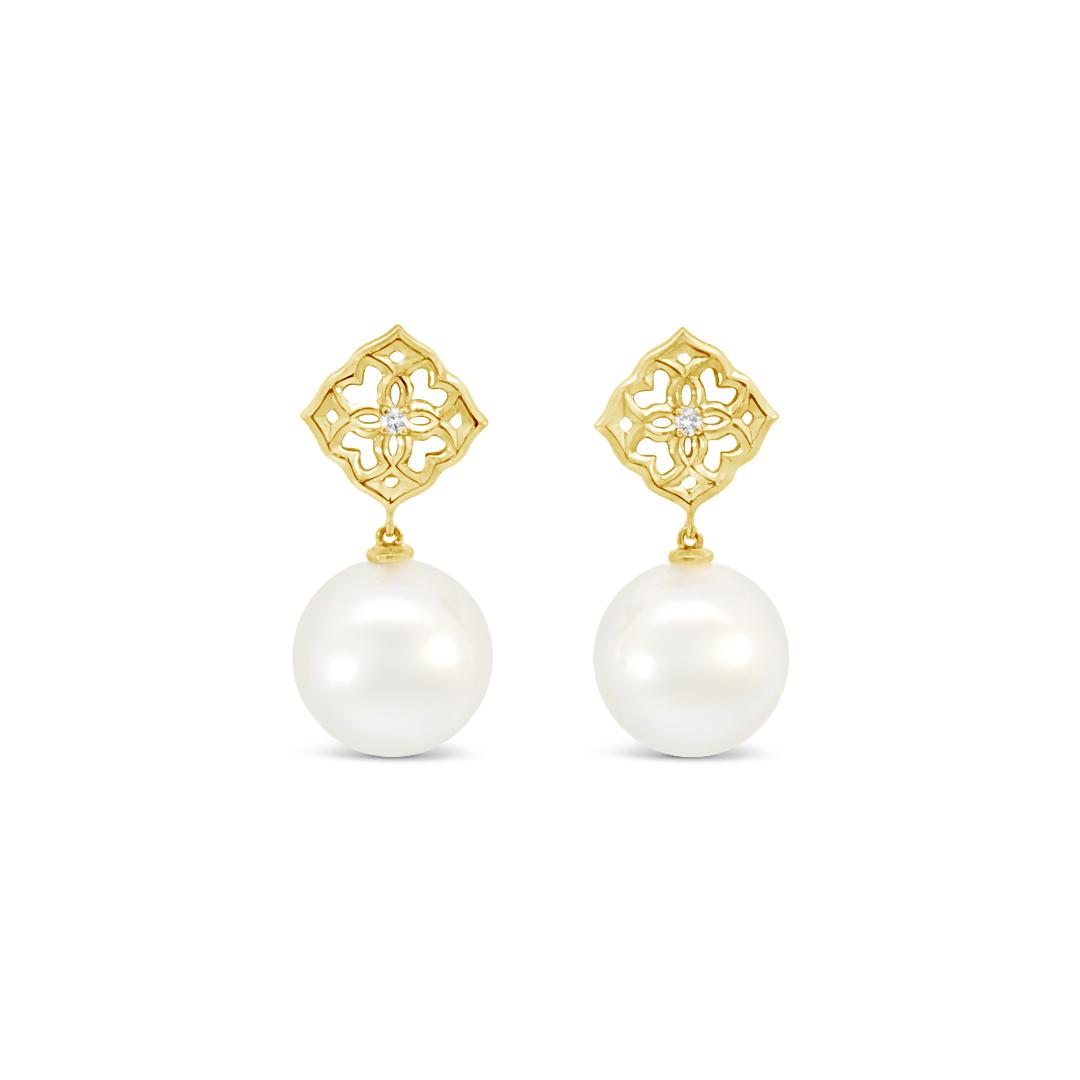 Autore 18ct yellow gold South Sea pearl and diamond drop earrings featuring scalloped flower tops and articulated 11mm white-silver pearls.