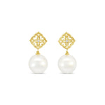 Autore 18ct yellow gold South Sea pearl and diamond drop earrings featuring scalloped flower tops and articulated 11mm white-silver pearls.