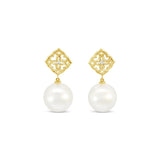 Autore 18ct yellow gold South Sea pearl and diamond drop earrings featuring scalloped flower tops and articulated 11mm white-silver pearls.