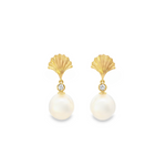Autore 18ct yellow gold South Sea pearl and diamond earrings with fan-shaped diamond tops and articulated 10mm pearl drops.