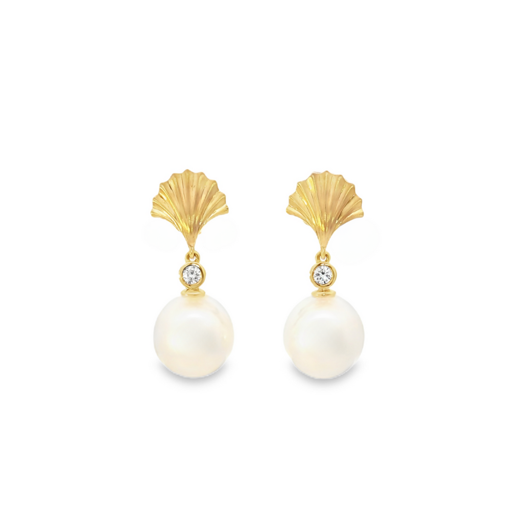 Autore 18ct yellow gold South Sea pearl and diamond earrings with fan-shaped diamond tops and articulated 10mm pearl drops.