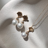 Autore 18ct yellow gold South Sea pearl and diamond earrings with fan-shaped diamond tops and articulated 10mm pearl drops.