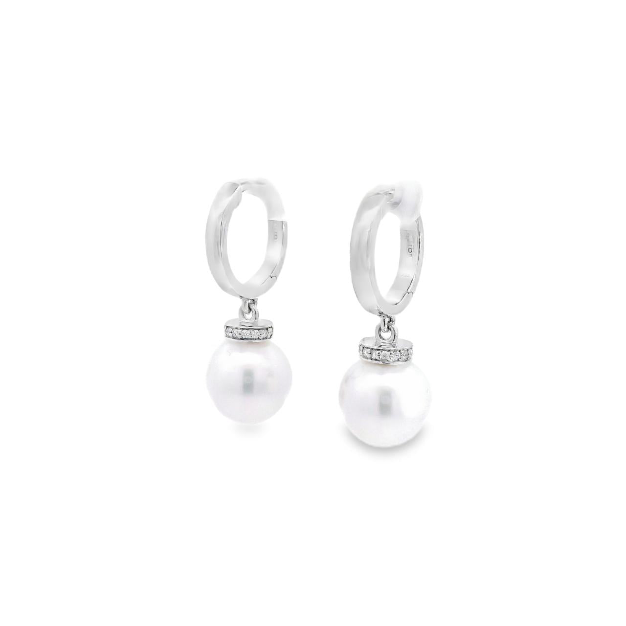 Autore 18ct white gold South Sea pearl and diamond huggie earrings with 9mm semi-oval pearls and articulated drop design.